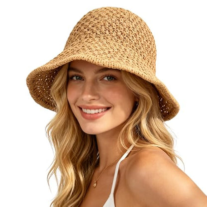 Sun Hat for Women Summer Straw Beach Hats Bucket Hat Floppy Crochet Hat - color: Khaki