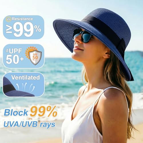 DRESHOW Sun Hats for Women Travel Fedora Foldable Beach Sun Hat Summer Wide Brim Straw Bucket Hat with Bowknot UPF 50+ - color: 1 Pack With Bowknot: Navy With Black Band