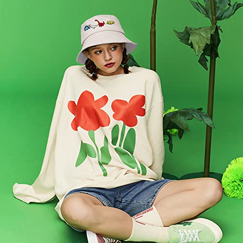XYIYI Fashion Embroidery Bucket Hat Cotton Beach Fisherman Hats for Women Girls - color: Little Dinosaur Beige