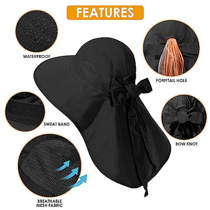Womens Sun Hat UV Protection, Foldable Waterproof Wide Brim Bucket Hats with Neck Flap for Summer Beach Fishing Hiking - color: Black