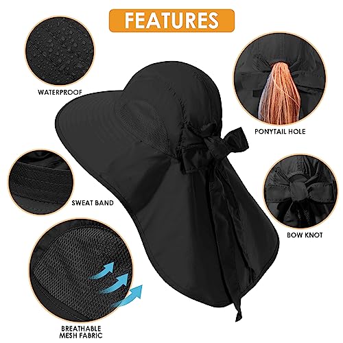 Womens Sun Hat UV Protection, Foldable Waterproof Wide Brim Bucket Hats with Neck Flap for Summer Beach Fishing Hiking - color: Black
