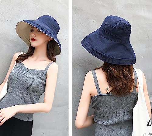 Women Wide Brim Sun Hats Metal Wired Edge Summer UV Protection Beach Fishing Hat for Hiking Garden Travel Chin Strap - color: Lant001-navy, size: One Size