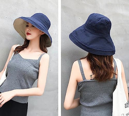 Women Wide Brim Sun Hats Metal Wired Edge Summer UV Protection Beach Fishing Hat for Hiking Garden Travel Chin Strap - color: Lant001-navy, size: One Size