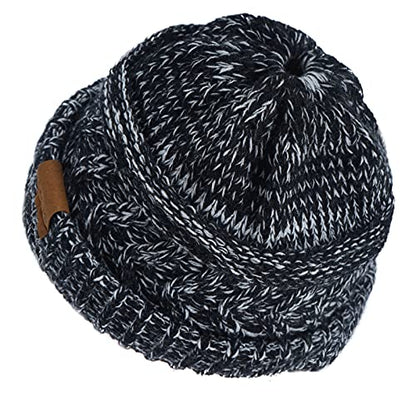Rosoz 2 Pack Ponytail Beanie for Women,Winter Warm Beanie Tail Soft Stretch Cable Knit Messy High Bun Hat - color: 1pack-black&white Mix