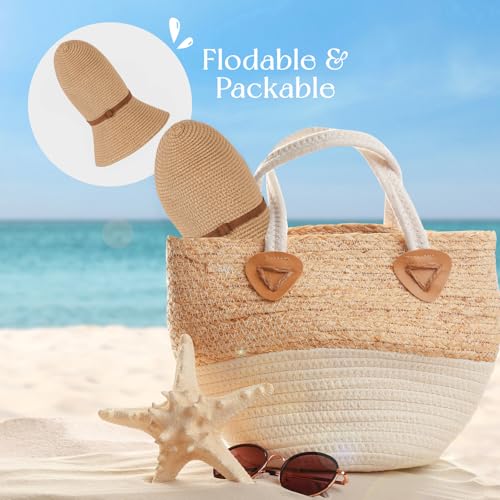 Tavaleu Sun Beach Hats for Women Wide Brim Straw Hats Foldable Summer Hat - color: 9cm-khaki Strap