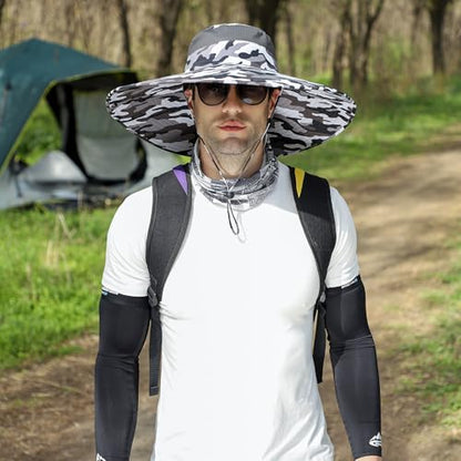 Wide Brim Sun Hat for Men Women UV Protection Bucket Fishing Hats - color: Black-white Camo