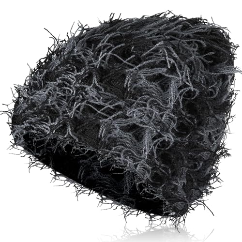Chuarry Distressed Knitted Beanie Fuzzy Winter Hat - color: Black and Gray