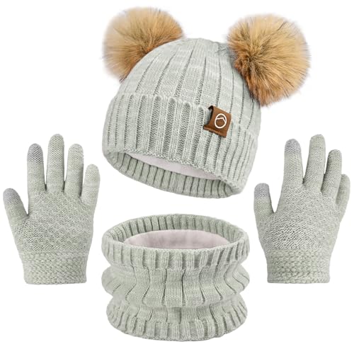 Kids Winter Hat Gloves Scarf Set Girls, Children Beanies Hats with Pom Pom - color: Grey Mix