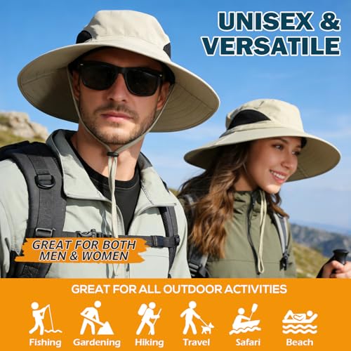 Wide Brim Sun Bucket Hat, Waterproof Boonie Hat for Men & Women - color: 01 Beige