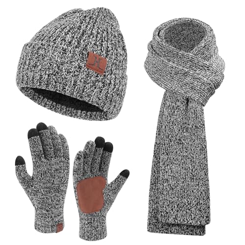 FZ FANTASTIC ZONE Mens Winter Beanie Hat and Scarf Touchscreen Gloves Sets - color: Gray
