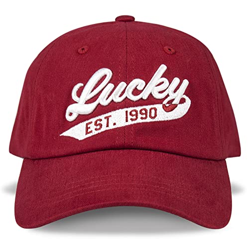 Lucky Brand Classic Cotton Adjustable | Dad Hat | Baseball Cap | Golf | Fishing | Low Profile | 5 Panel Design - color: 1990 Embroidered - Red