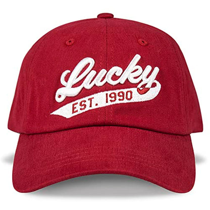 Lucky Brand Classic Cotton Adjustable | Dad Hat | Baseball Cap | Golf | Fishing | Low Profile | 5 Panel Design - color: 1990 Embroidered - Red