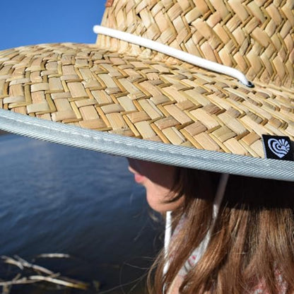 Women's Wide Brim Straw Sun Hat for Beach, Lifeguard Style, Hand-Woven Rush & Mat, Adjustable Chin Drawstring - color: The Sage