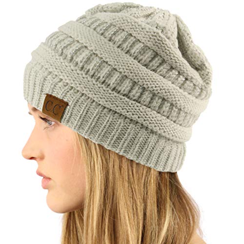 CC Classic Winter Fall Trendy Chunky Stretchy Cable Knit Beanie Hat - color: Metallic Ivory/Silver