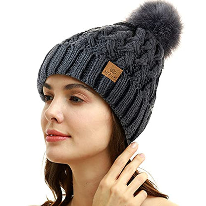 PAGE ONE Womens Winter Ribbed Beanie Crossed Cap Chunky Cable Knit Pompom Soft Warm Hat - color: Dark Gray