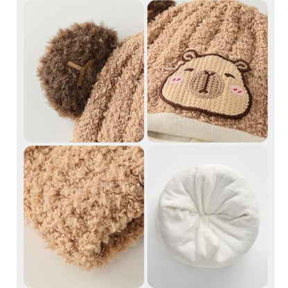 Baby Boys Knit Hat Winter Toddler Girls Balaclava Cute Animals Ear Hat Soft Fleece Lining Cap 6M-24M - color: Khaki