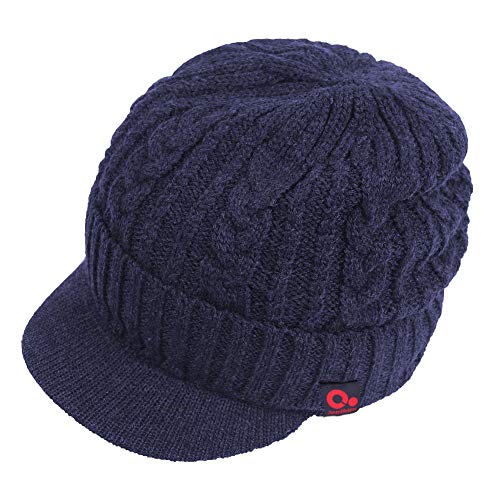 Original One Men Wool Blend Cable Knitted Visor Beanie Winter Knit Hat with Brim Fur Lined Ski Cap - color: Blue