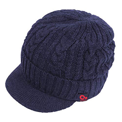 Original One Men Wool Blend Cable Knitted Visor Beanie Winter Knit Hat with Brim Fur Lined Ski Cap - color: Blue