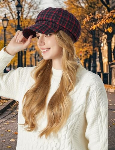 FEOYA Women Newsboy Hat Plaid Cabbie Caps Cotton Casual Stylish Beret Cap Paperboy Hats - color: Plaid-red
