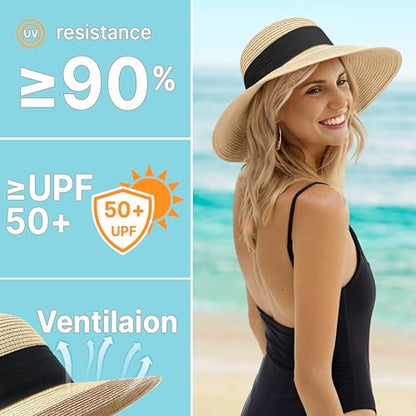 Tavaleu Beach Hat Foldable Wide Brim UV Protection for Women Summer Sun Hat - color: Khaki-5