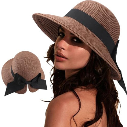 DRESHOW Sun Hats for Women Travel Fedora Foldable Beach Sun Hat Summer Wide Brim Straw Bucket Hat with Bowknot UPF 50+ - color: 1 Pack Bowknot Straw Hat: Brown