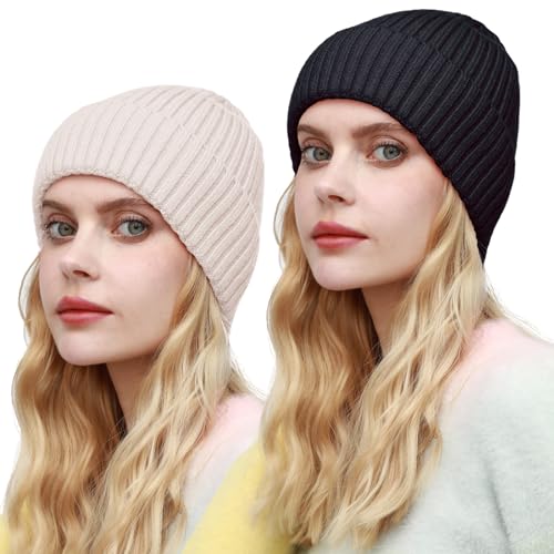 ROYBENS Womens Satin Lined Beanie for Men Wool Knit Cuffed Warm Winter Hats - color: 2pcs (Beige+black)