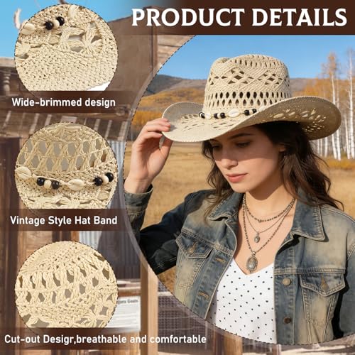 J.CARP Straw Cowboy Hat Cowgirl Hat Cowboy Hats Wide Brim Western Cowboy with Decorative Band - color: Style2