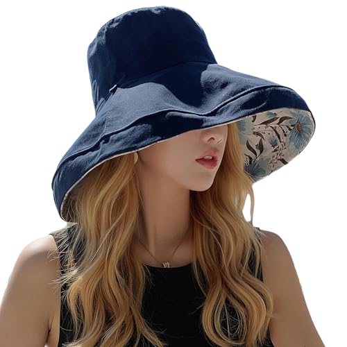 Women Bohemian Reversible Sun Hat Wide Brim Fishing Hats - color: Navy Boho Print
