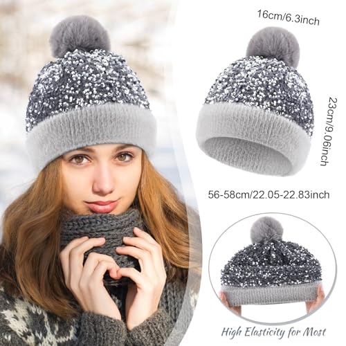 4 Pcs Sequin Pom Pom Beanie Winter - color: Black,silver,gold,wine Red