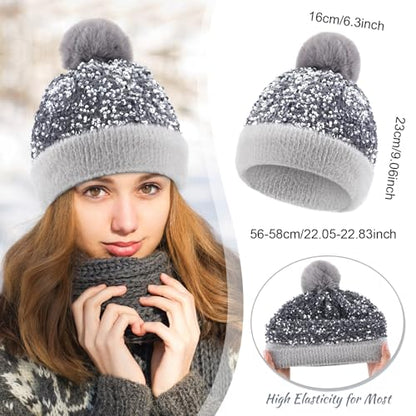 4 Pcs Sequin Pom Pom Beanie Winter - color: Black,silver,gold,wine Red