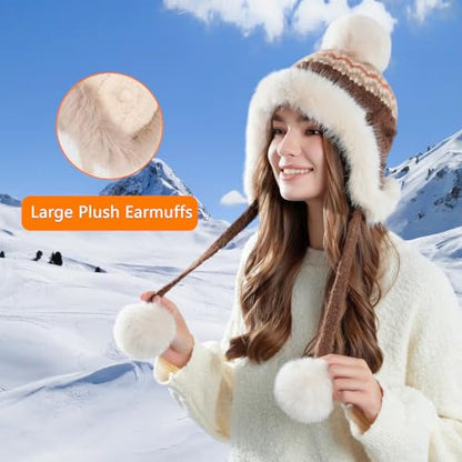 Women Winter Sherpa Beanie Hats Knit Ear Flap Hat Fleece Lined - color: Patterned Coffee