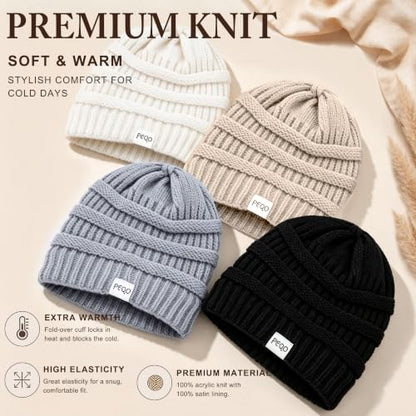 FEQO 4 Pack Satin Lined Beanies Slouchy Beanie Oversized Cable Knit Caps - color: Black, White, Light Grey, Oatmeal