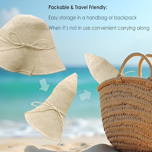 Womens Summer Straw Beach Sun Hats Packable Foldable Bucket - color: Beige