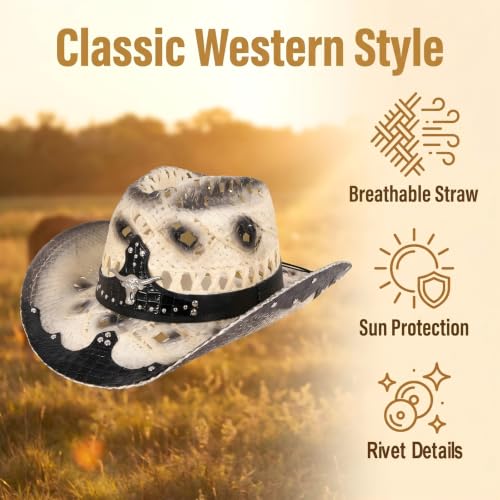 Straw Cowboy Hat for Men Women, Breathable Lightweight - color: Black-m