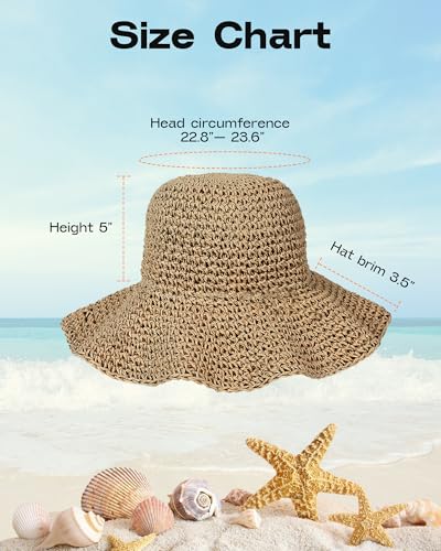 Bsubseach Womens Foldable Beach Hat Packable Straw Sun Hat Wide Brim Floppy Hat for Outdoor Travel - color: Khaki