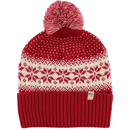 100% Merino Wool - Midweight Cuff Pom Beanie - Winter Pom Pom Hat - color: True Red Natural Cream Snowflake