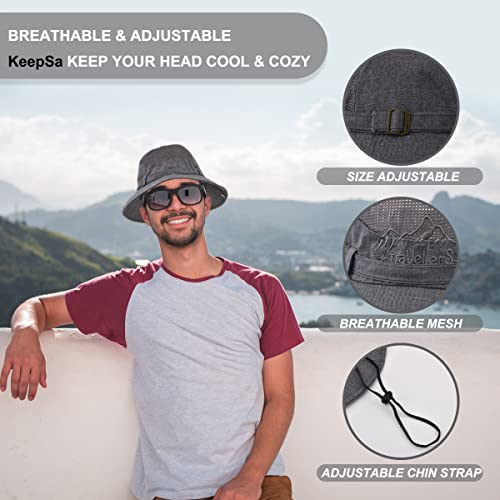 Sun Hat Men Cotton Embroidery Wide Brim Bucket Safari Boonie - color: Grey, size: 6 7/8-7 1/4