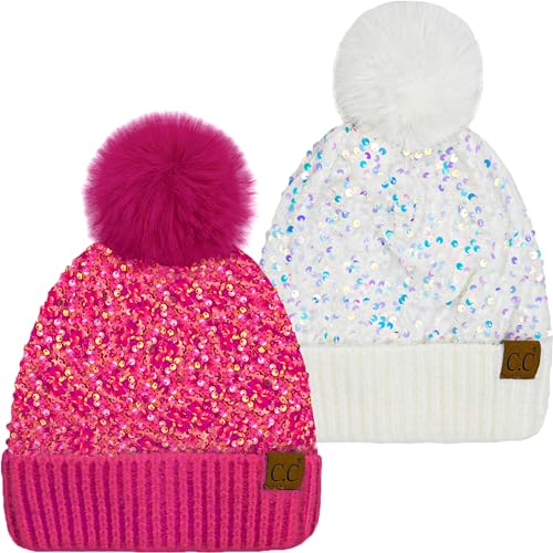 Funky Junque Women's Sequin Pom Beanies – Soft Knit Sparkly Bling Winter Hats for Women, Faux Fur Pom Glitter Sparkle Hat - color: Chunky Sequin - White & Hot Pink