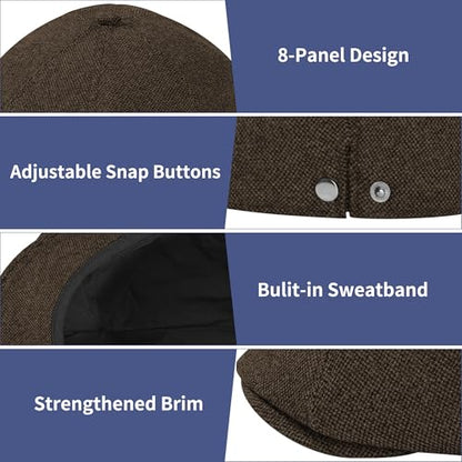 Men's Wool Blend Newsboy Cap Adjustable Gatsby Ivy Newsies Cabbie Hat Classic 8 Panel Tweed Flat Winter Hat - color: Plaid Coffee_1, size: Medium
