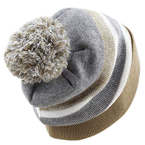 Winter Knit Beanie Hat with Pom Pom – Warm Cuffed Slouch Ski Cap for Men & Women - color: 1.khaki and Grey With Pom