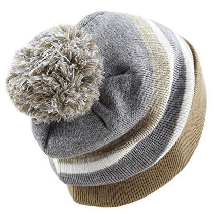 Winter Knit Beanie Hat with Pom Pom – Warm Cuffed Slouch Ski Cap for Men & Women - color: 1.khaki and Grey With Pom