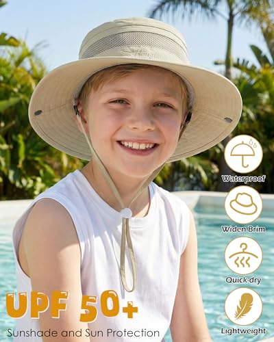 HONGTEYA Kids Sun Hat UPF 50+ Toddler Bucket Summer Hat Fishing Outdoor - color: Beige, size: 5-13 Years