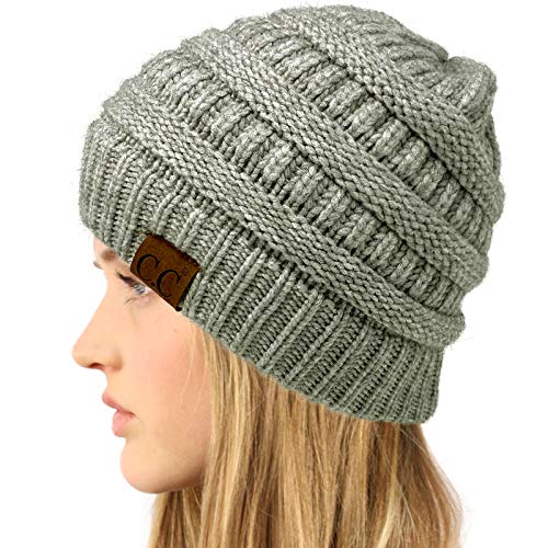 CC Classic Winter Fall Trendy Chunky Stretchy Cable Knit Beanie Hat - color: Snuggly Soft Lt. Gray Mix