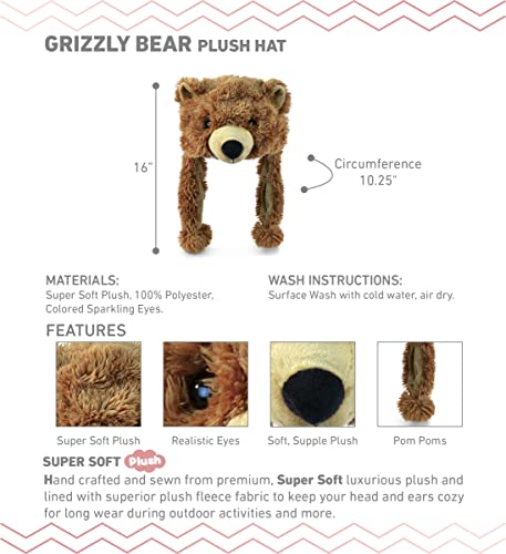 Puzzled Brown Grizzly Bear Hat - Soft Plush Animal Beanie with Ear Flaps, Cozy Fleece, Warm Winter Hat for Kids, Teens, Adults - One Size