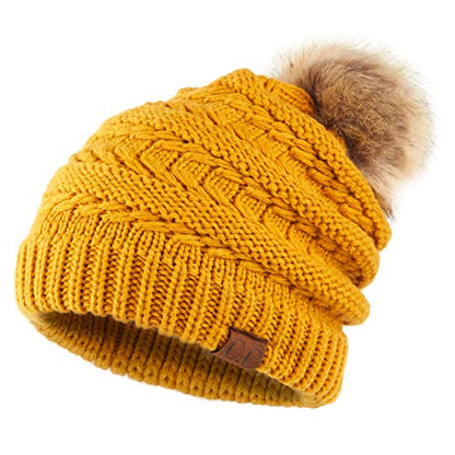 C.C Hatsandscarf Exclusives Unisex Solid Ribbed Beanie with Pom (HAT-43) - color: A Mustard-tilted Stitch