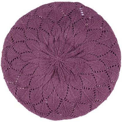 an Womens Lightweight Cut Out Knit Beanie Beret Cap Crochet Hat - Many Styles - color: 2681purple