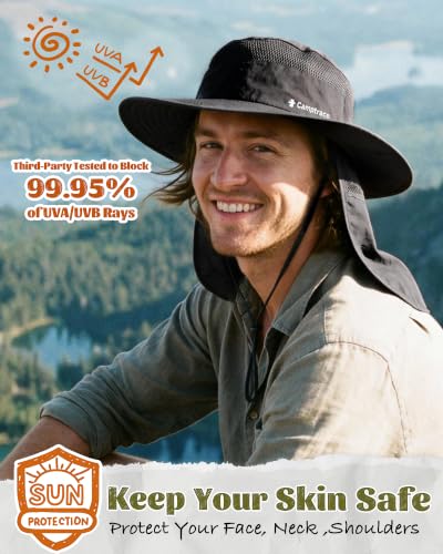 Camptrace Wide Brim Men Sun Hat with Neck Flap UPF Fishing Hiking Gardening - color: Blcak