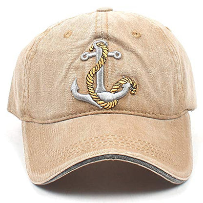 Anchor Embroidered Cotton Washed Dad Hat Distressed Retro Baseball Hat - color: Khaki