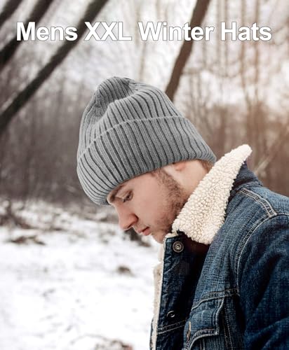 ZTL M/L/XL/XXL Merino Wool Beanie for Men Women, Fleece Lined Large Winter Hat, Big Knitted Cuffed Beanie Ski Skull Cap - color: Grey, size: X-Large-XX-Large