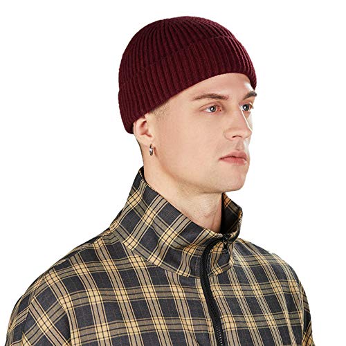 3 Pack Wool Fisherman Beanies for Men, Short Knit Watch Cap Cuffed Hats - color: F-black, Navy, Wine Red